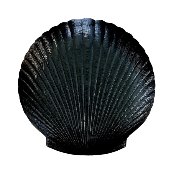 80s French Black Glass Clam Shell Serving Platter Nautilus Coastal